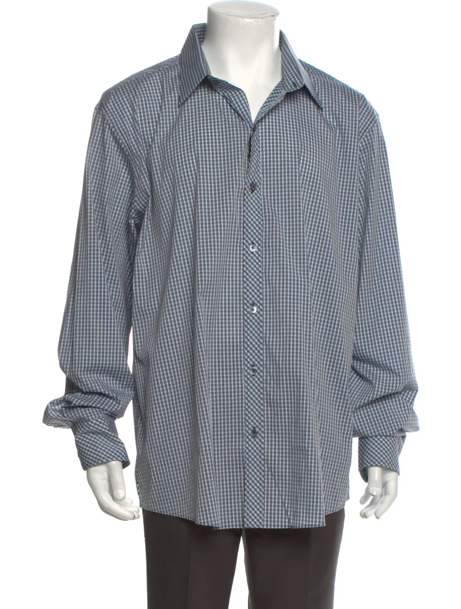 The RealReal,Zachary Prell, Zachary Prell Navy & Turquoise Micro Plaid Print Long Sleeve Button Up Shirt, Blue, Extra Extra Large-53-TagXXL