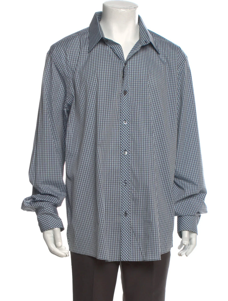 Zachary Prell Navy & Turquoise Micro Plaid Print Long Sleeve Button Up Shirt