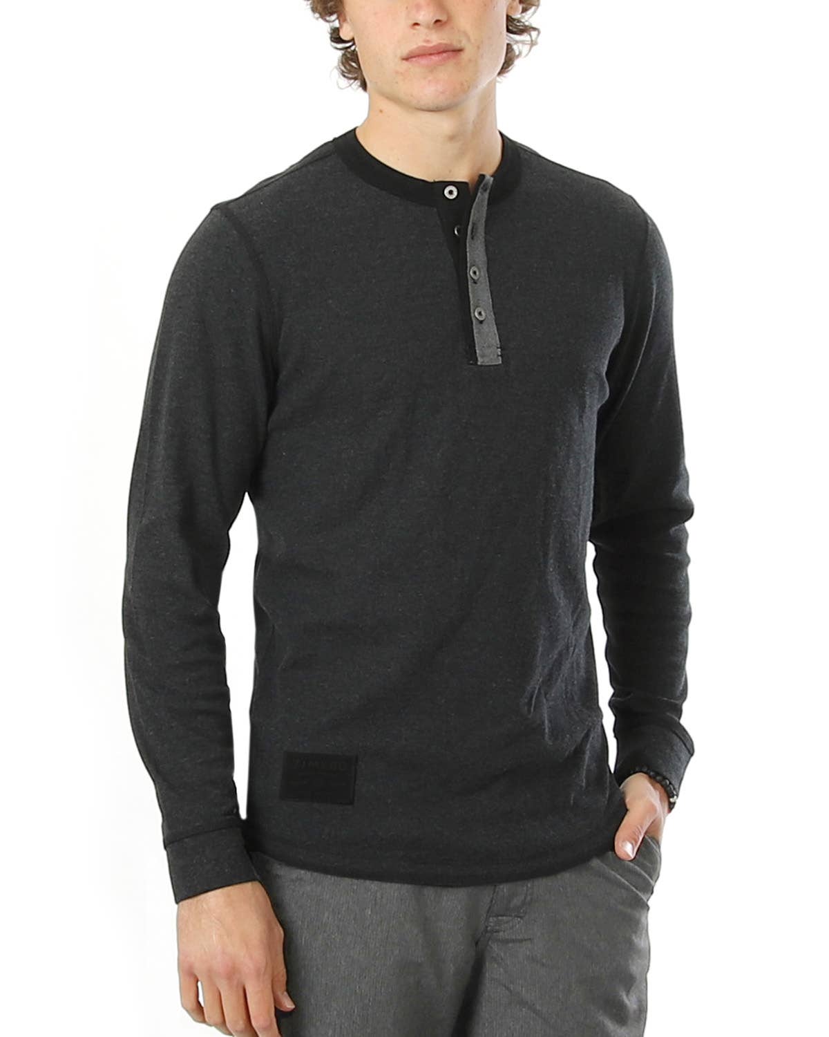 Faire,Zimego, Zimego Charcoal Grey 4 Button Long Sleeve Thermal Henley, Grey, Large-46-TagL