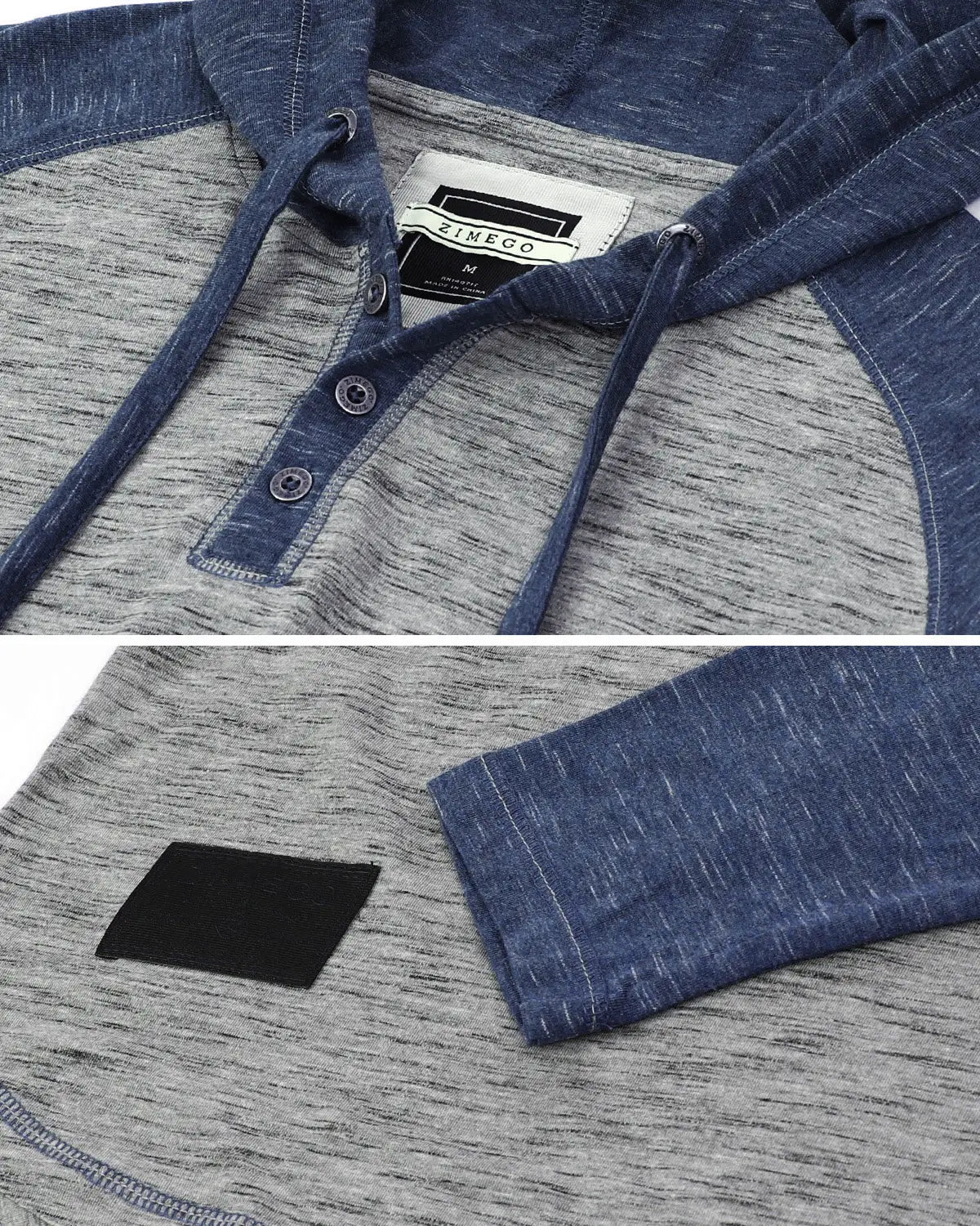 Faire,Zimego, Zimego Grey/Blue Heathered Raglan Henley Hoodie, Grey, Large-44-TagL
