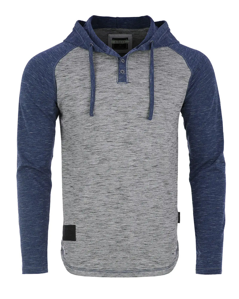 Zimego Grey And Blue Heathered Raglan Long Sleeve Hooded Henley