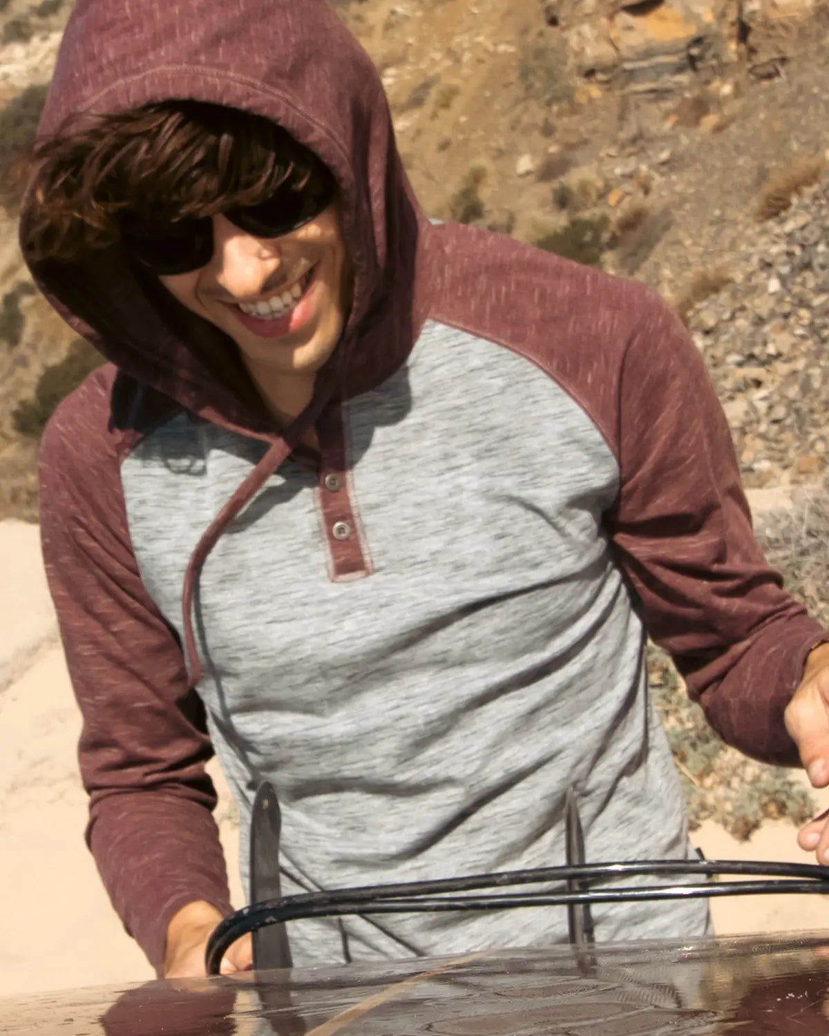 Faire,Zimego, Zimego Grey/Maroon Heathered Raglan Henley Hoodie, Red, Extra Extra Large-51-TagXXLExtra Large-48-TagXLLarge-45-TagLMedium-42-TagMSmall-38-TagSMedium-41-TagMLarge-44-TagL