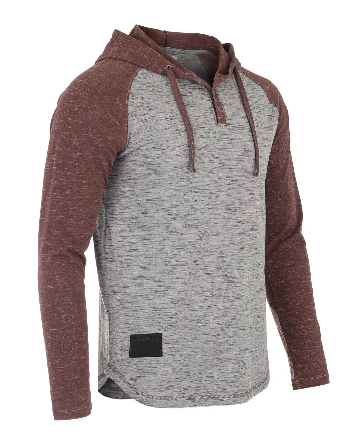 Faire,Zimego, Zimego Grey/Maroon Heathered Raglan Henley Hoodie, Red, Extra Extra Large-51-TagXXLExtra Large-48-TagXLLarge-45-TagLMedium-42-TagMSmall-38-TagSMedium-41-TagMLarge-44-TagL