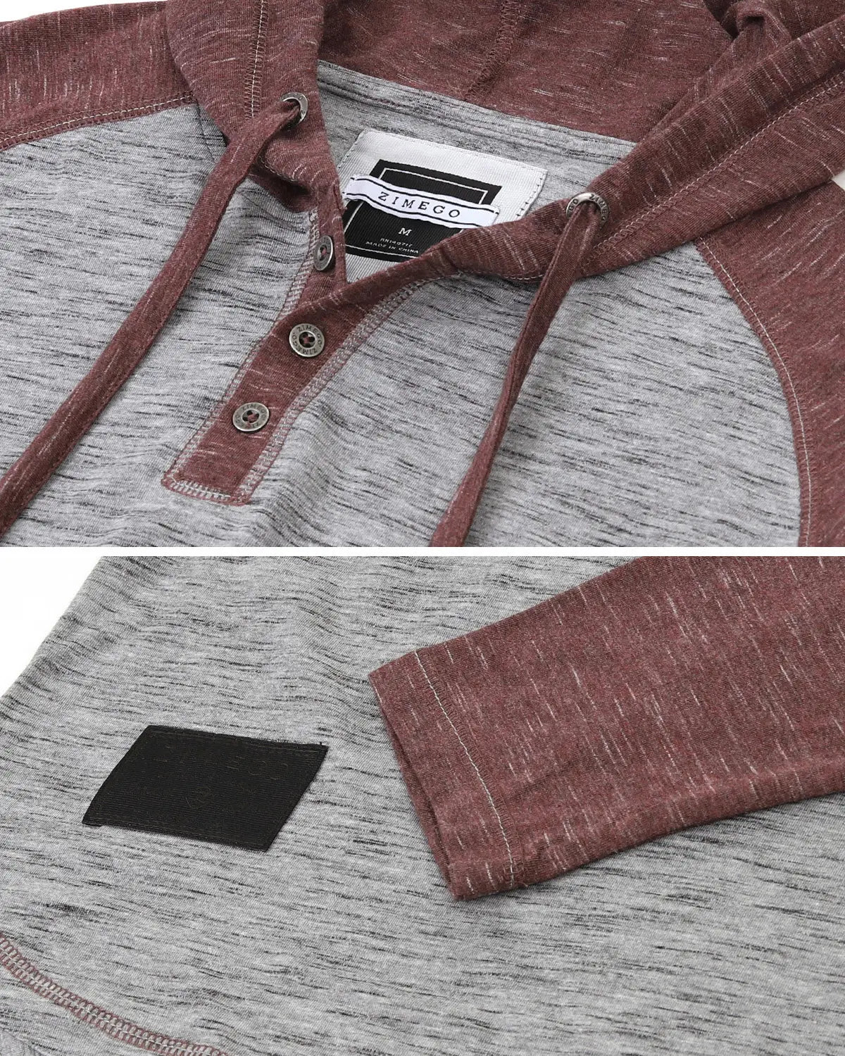 Faire,Zimego, Zimego Grey/Maroon Heathered Raglan Henley Hoodie, Red, Large-45-TagL