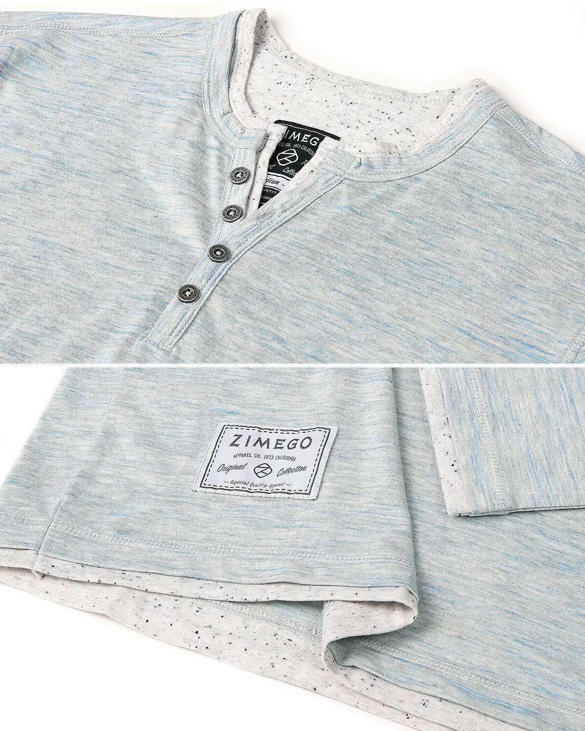 Faire,Zimego, Zimego Light Blue Layered Heathered Long Sleeve Henley, Blue, Medium-41-TagM