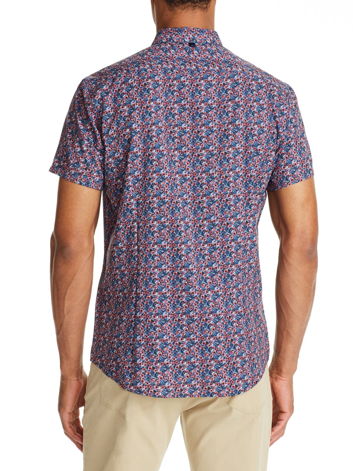 Faire,W.R.K., W.R.K Blue & Burgundy Floral Print 4-Way Stretch Short Sleeve Button Up Shirt, Blue, Large-44-TagL