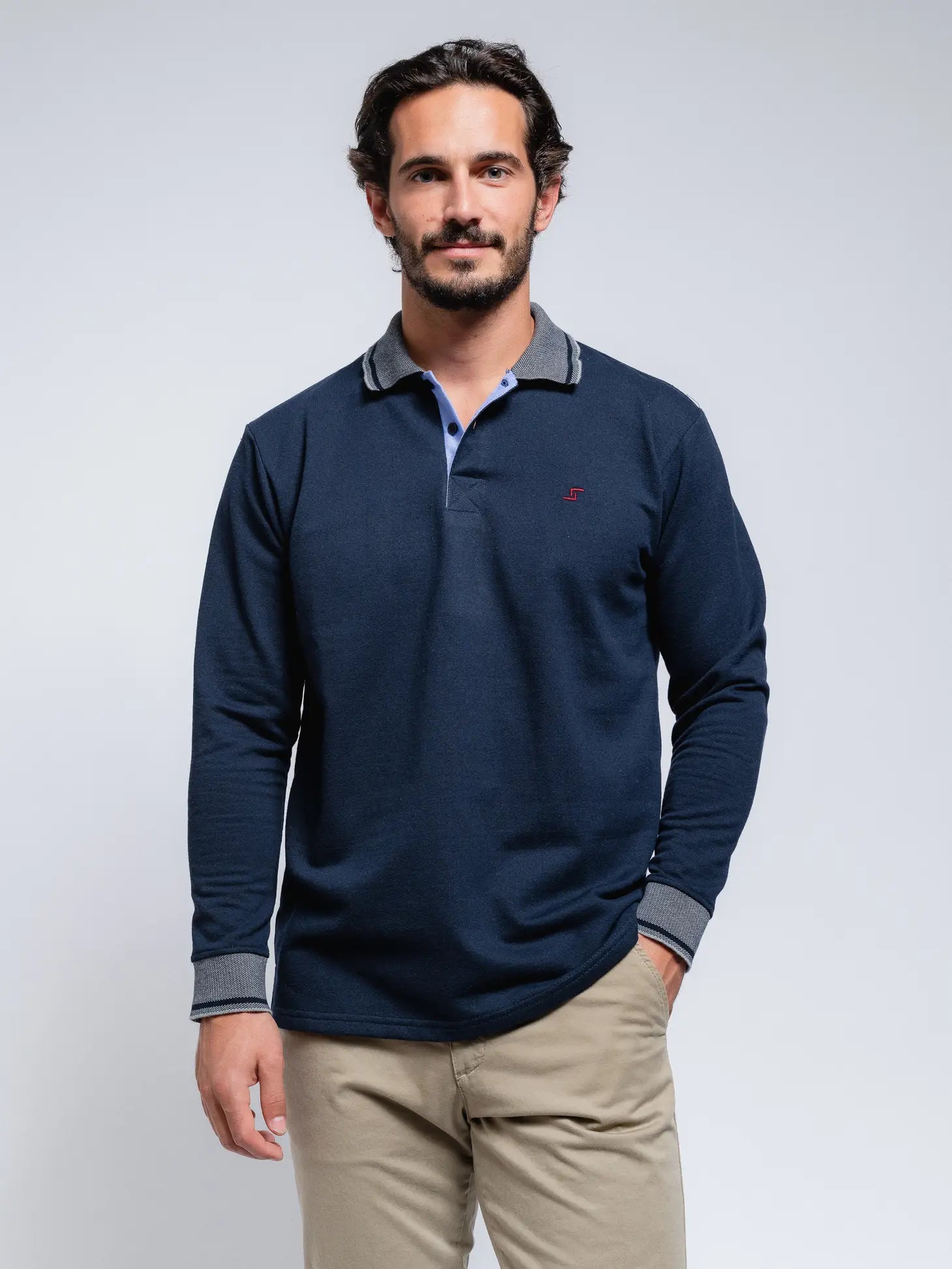 Faire,SMF, SMF Navy Knit Long Sleeve Button Up Polo With Contrast Collar And Cuff Detail, Blue, Medium-40-TagS