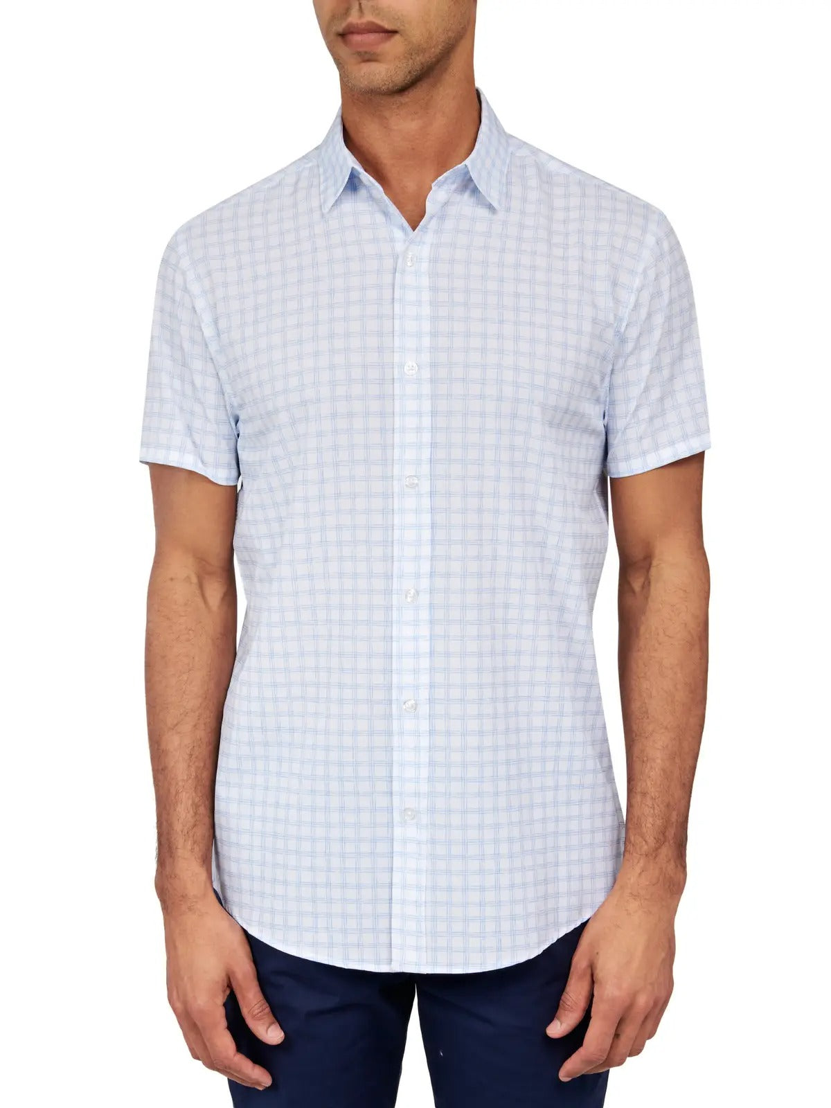 Faire,W.R.K., W.R.K Blue Check 4 Way Stretch Short Sleeve Button Up Shirt, Blue, Large-43-TagL