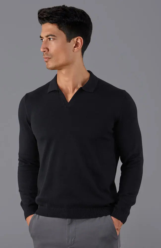 Faire,Paul James, Paul James Black Buttonless Knit Longsleeve Polo, Black, Extra Extra Large-50-TagXXL
