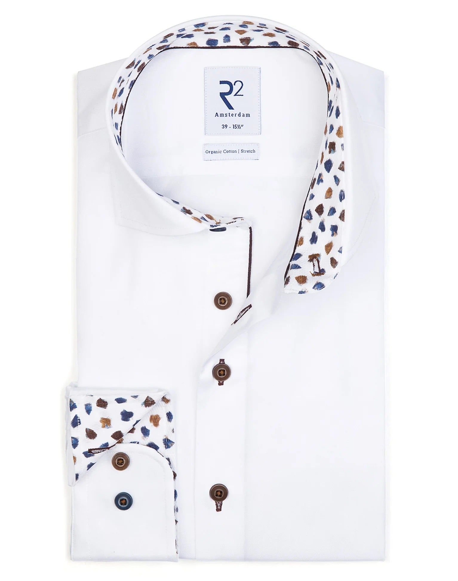 Brand Partner,R2 Amsterdam, R2 Amsterdam White 2 PLY Organic Cotton Long Sleeve Button Up Shirt with Blue and Beige Print Contrast, White, Small-42-Tag40Extra Large-51-Tag45