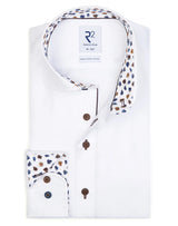 R2 Amsterdam White 2 PLY Organic Cotton Long Sleeve Button Up Shirt with Blue and Beige Print Contrast