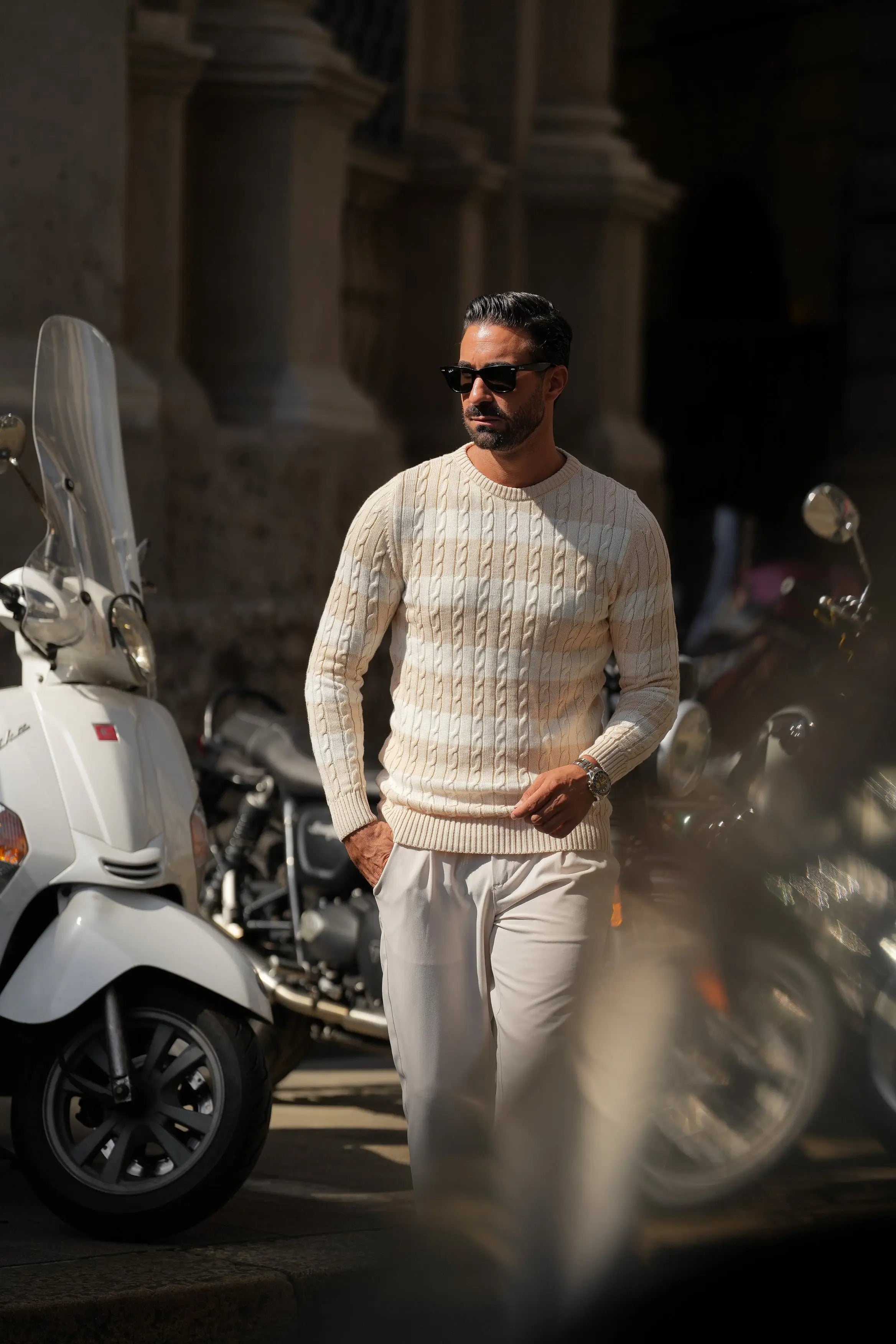 Faire,Donato, Donato Cream/White Cable Knit Stripe Cotton Sweater, Cream, Small-38-TagMMedium-40-TagLMedium-42-TagXL