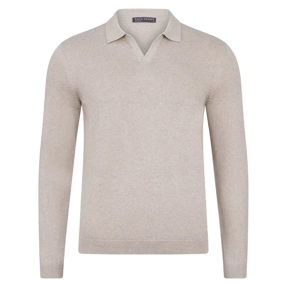 Faire,Paul James, Paul James Light Beige Buttonless Knit Longsleeve Polo, Cream, Extra Extra Large-50-TagXXL