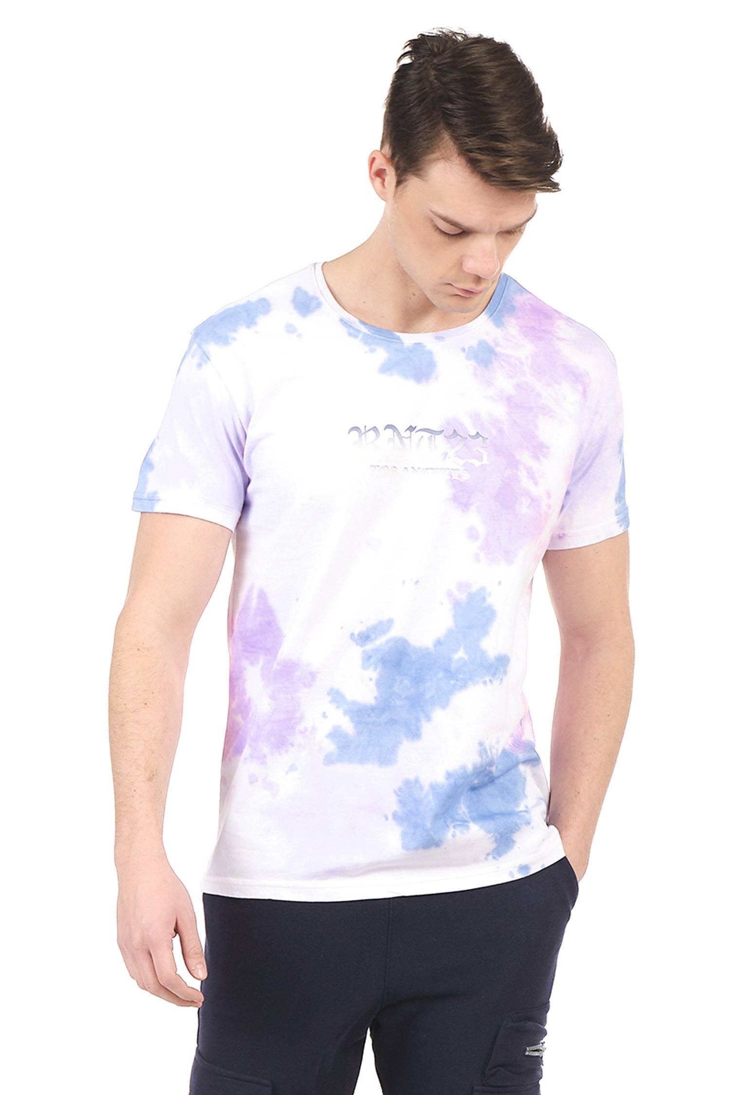Faire,Ron Tomson, Ron Tomson Pink and Navy Tye Dye Tee, Pink, Medium-Chest-