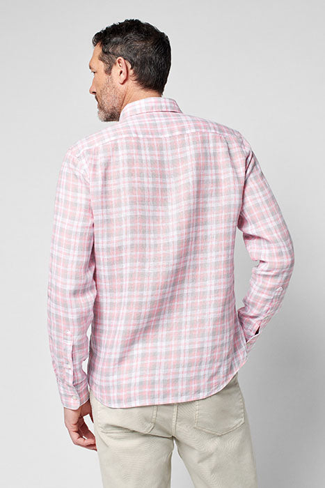 Faherty Pink/Grey Plaid Linen Long Sleeve Button Up