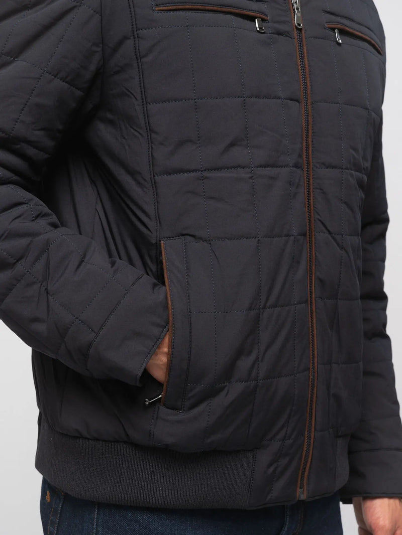 SMF Navy Quilted Grid Puffer Zip Up Jacket With Four Front Pockets