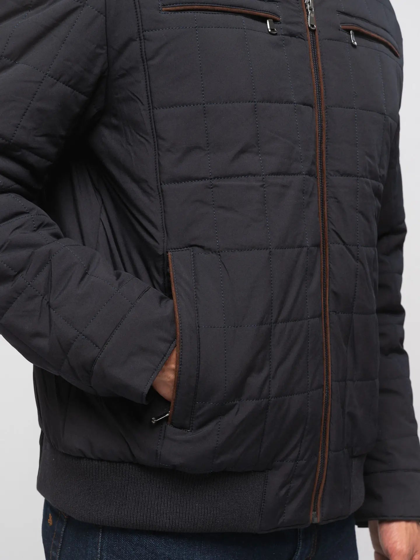 Faire,SMF, SMF Navy Quilted Grid Puffer Zip Up Jacket With Four Front Pockets, Blue, Large-48-TagL