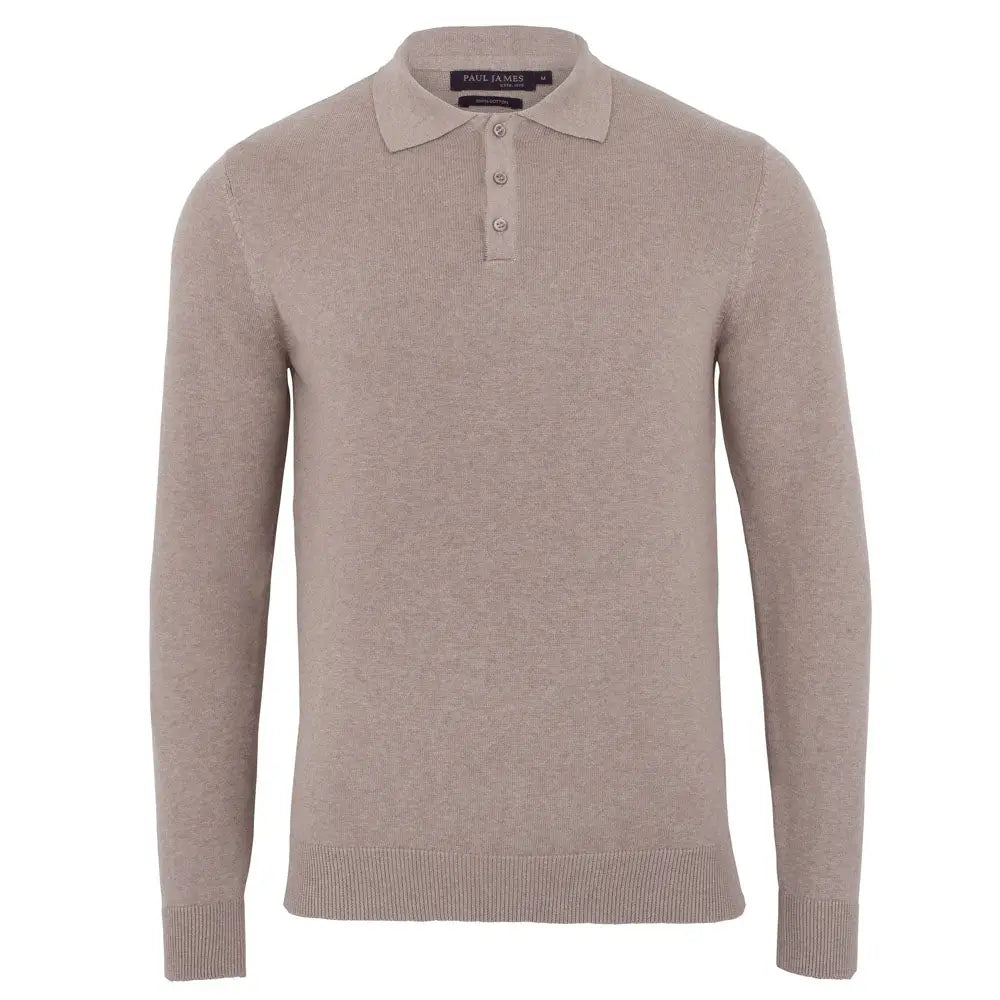Faire,Paul James, Paul James Tan Knit Button Up Longsleeve Polo, Cream, Extra Large-46-TagXL