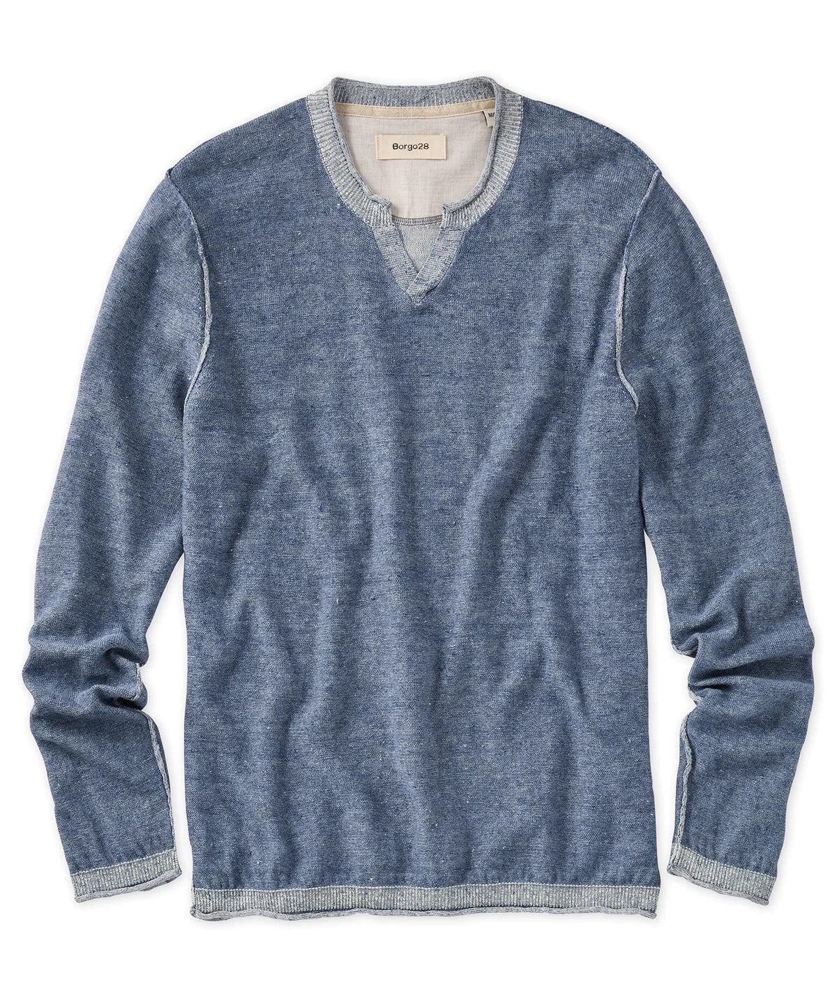 Brand Partner,Borgo28, Borgo28 Indigo Cotton-Linen Notch Neck Sweater, Blue, Medium-44-TagMLarge-48-TagLExtra Large-50-TagXLSmall-40-TagSExtra Extra Large-52-TagXXL