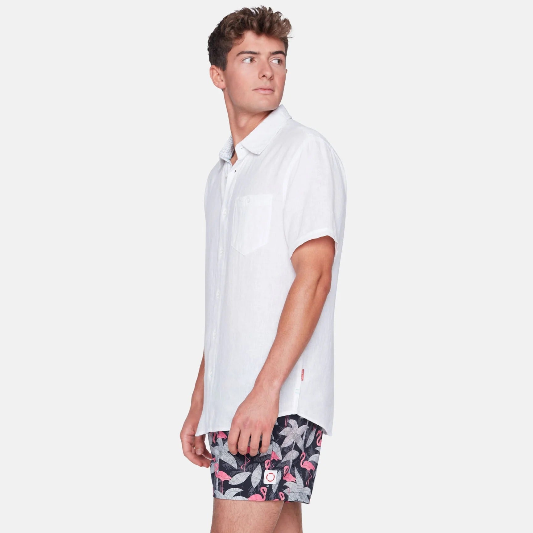 Wholesale,Public Beach, Public Beach White Linen Blend Short Sleeve Shirt with Contrasting Inner Placket, White, Large-46-TagLExtra Large-50-TagXLMedium-44-TagMExtra Extra Large-52-TagXXLSmall-42-TagS