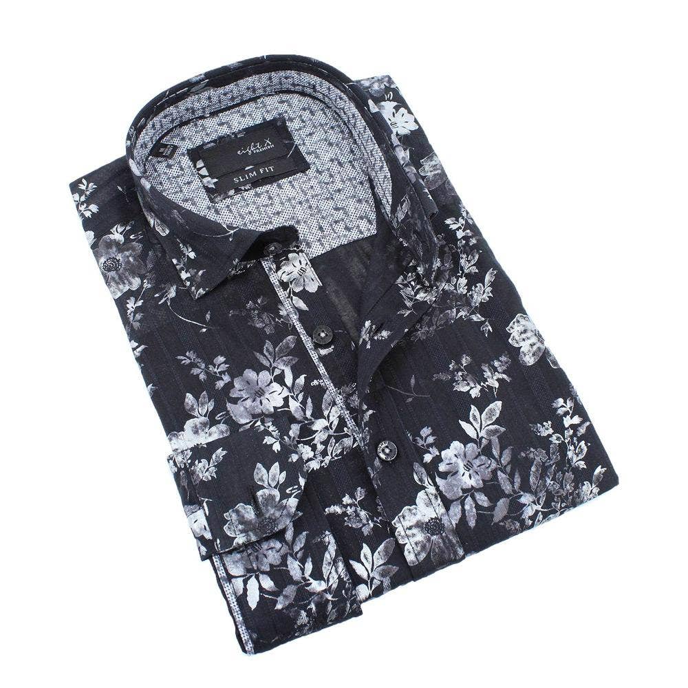 Faire,Eight X, Eight X Black Metalic Floral Print Button Up, Black, Small-40-TagMSmall-40-TagLMedium-44-TagXL