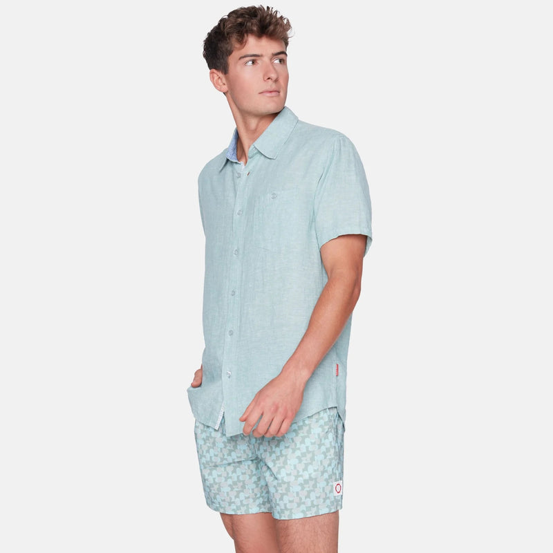 Public Beach Mint Linen Blend Short Sleeve Shirt with Contrasting Inner Placket