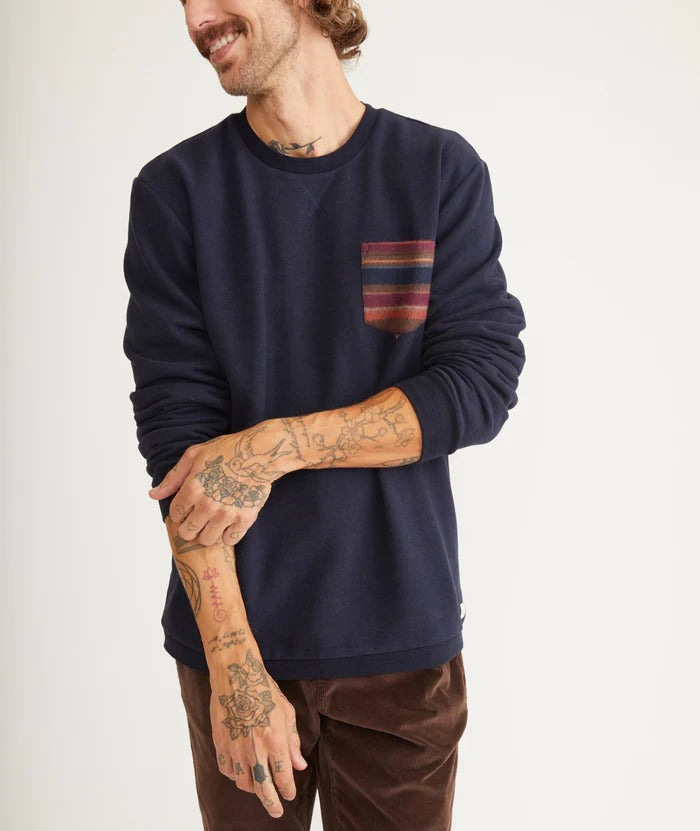 Wholesale,Marine Layer, Marine Layer Navy Long Sleeve Signature Fleece Pocket Crewneck, Blue, Small-40-TagS