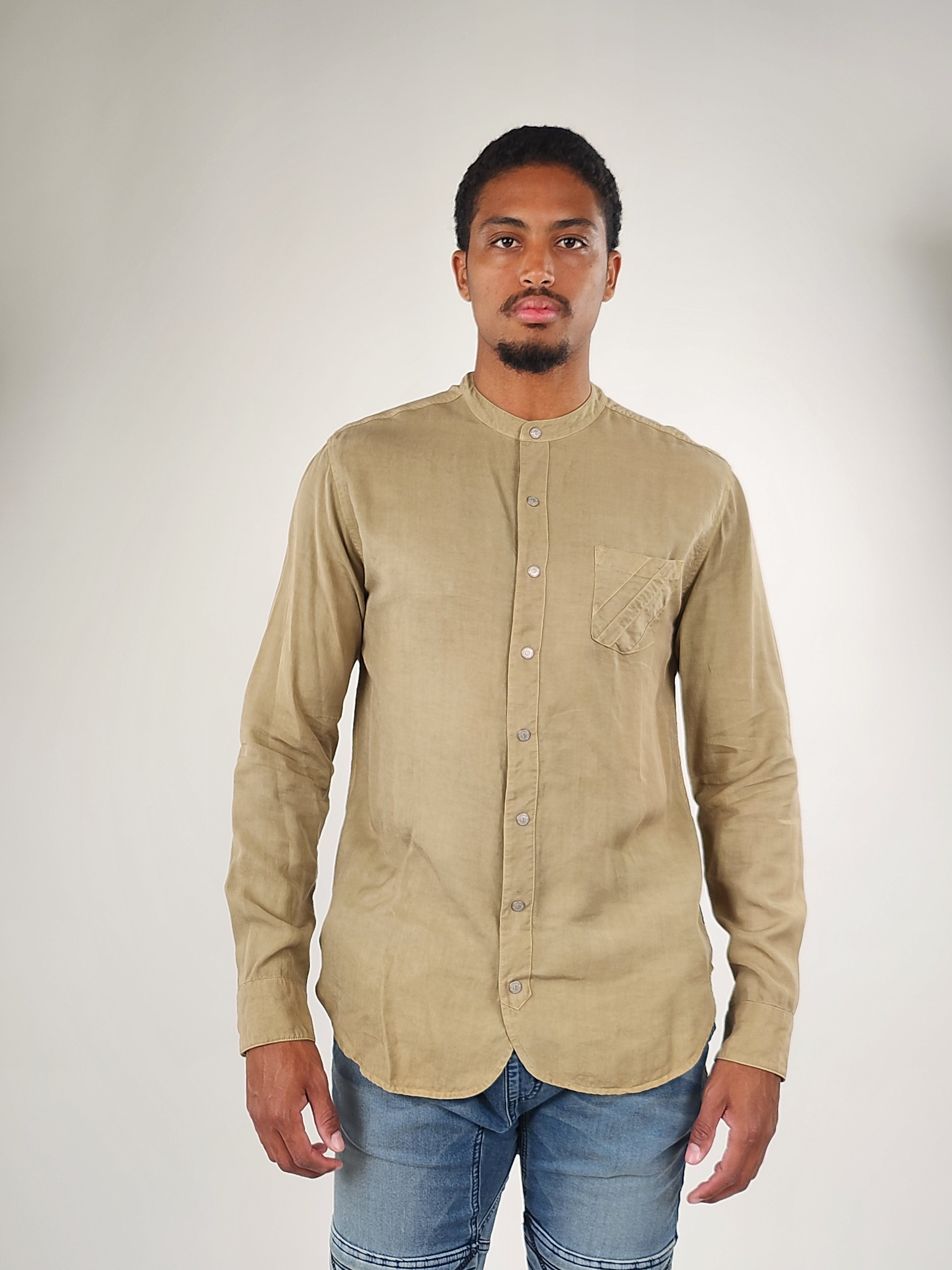 Wholesale,Reesedeluca, Reese De Luca Beige Green Long Sleeve Snap Button Shirt, Tan, Medium-42-TagM