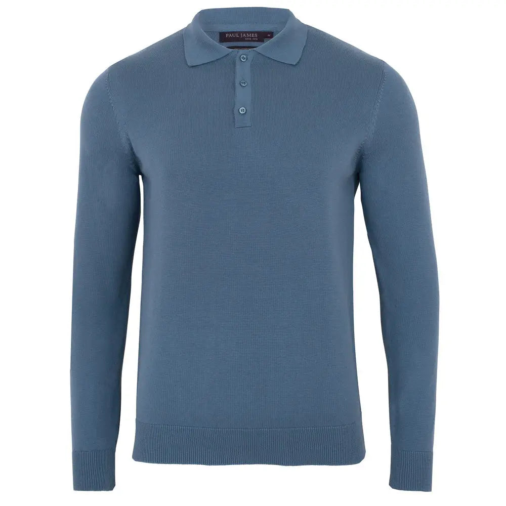 Faire,Paul James, Paul James Blue Knit Button Up Longsleeve Polo, Blue, Large-44-TagL