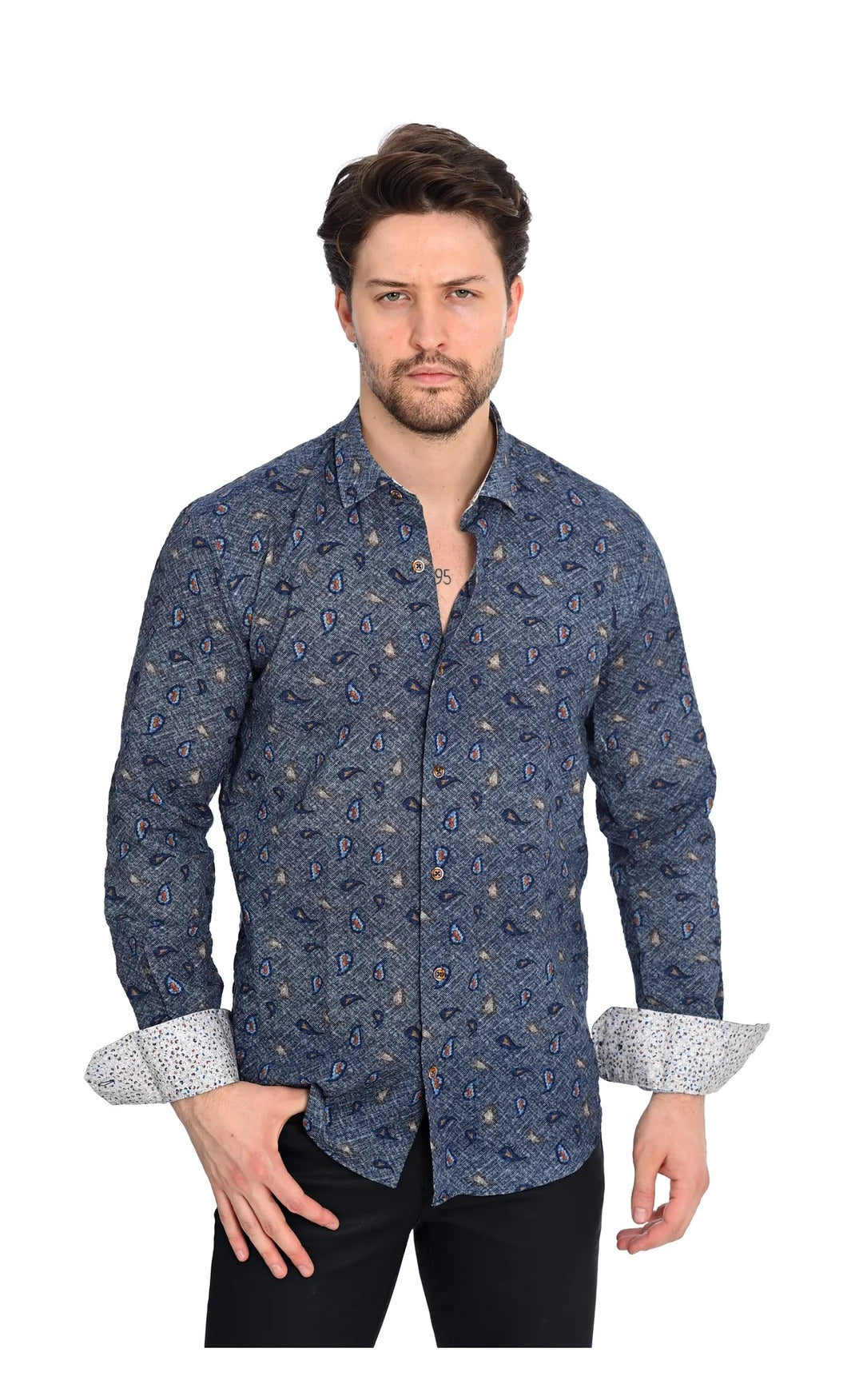 Wholesale,Mizumi, Mizumi Navy Abstract Print Long Sleeve Button Up Shirt, Blue, Medium-42-TagM