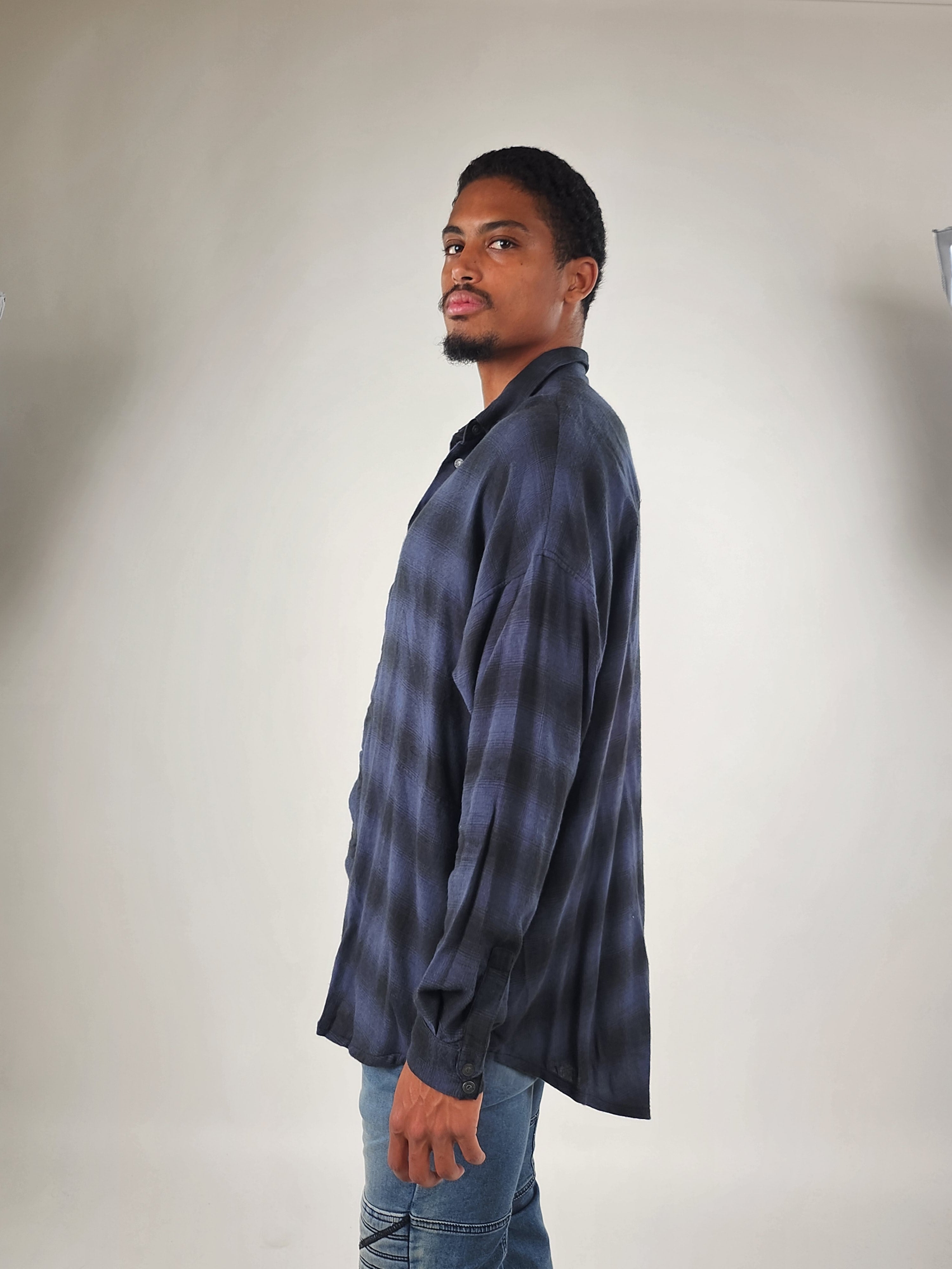 Wholesale,Reesedeluca, Reese De Luca Navy Plaid Long Sleeve Snap Button Up Shirt with Side Pockets, Blue, Extra Extra Large-54-TagM