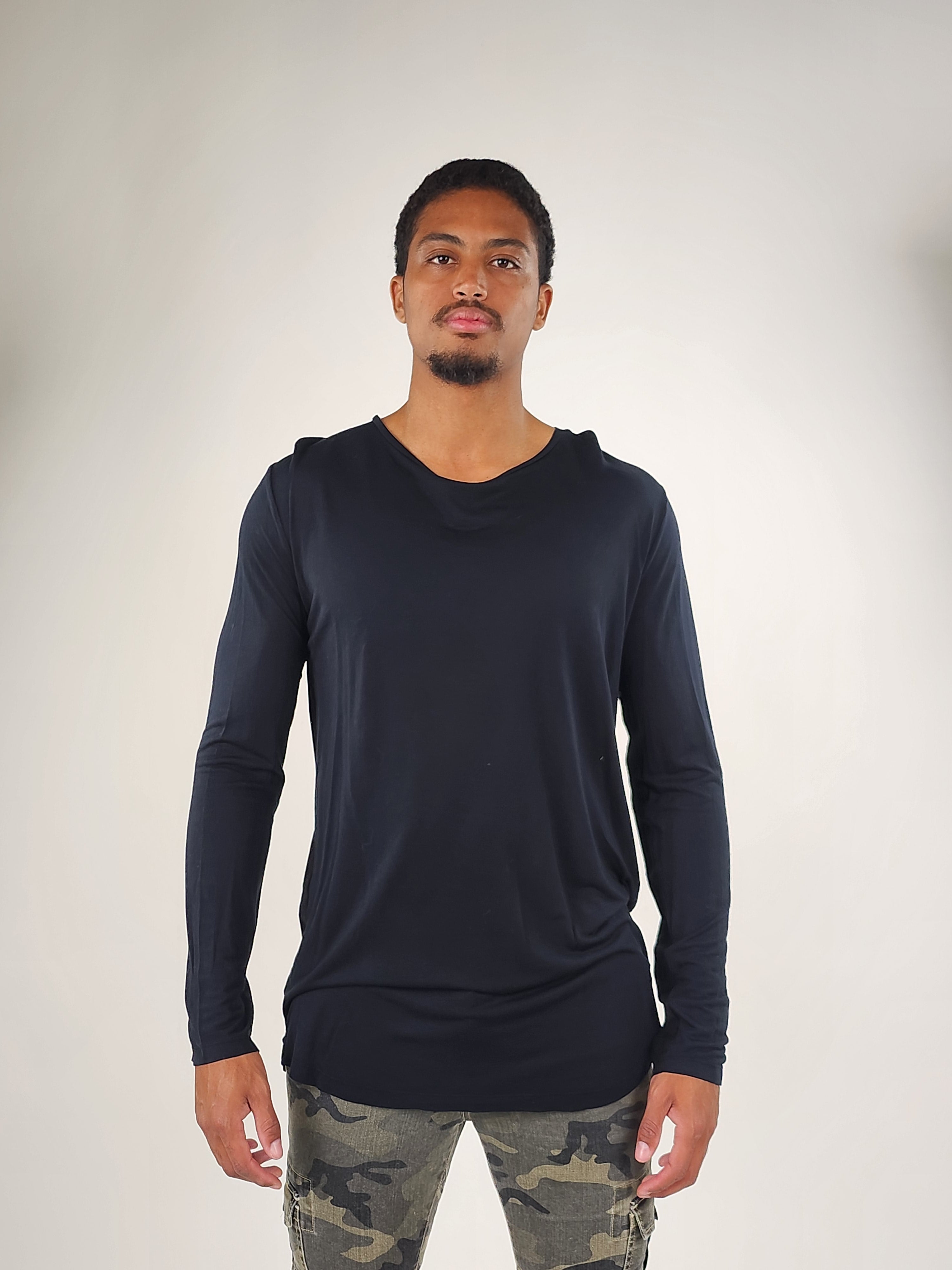 Wholesale,Reesedeluca, Reese De Luca Navy Long Sleeve T-Shirt with Back Contrast, Blue, Medium-42-TagM