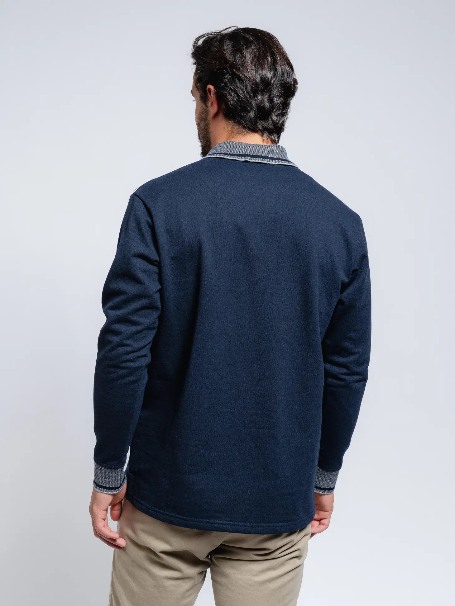 Faire,SMF, SMF Navy Knit Long Sleeve Button Up Polo With Contrast Collar And Cuff Detail, Blue, Extra Large-46-TagXL
