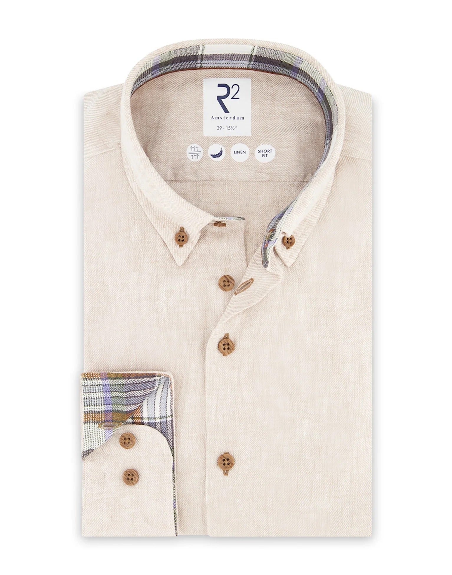 Brand Partner,R2 Amsterdam, R2 Amsterdam Beige Linen Long Sleeve Shirt with Checkered contrast, Tan, Large-45-Tag41Large-46-Tag42