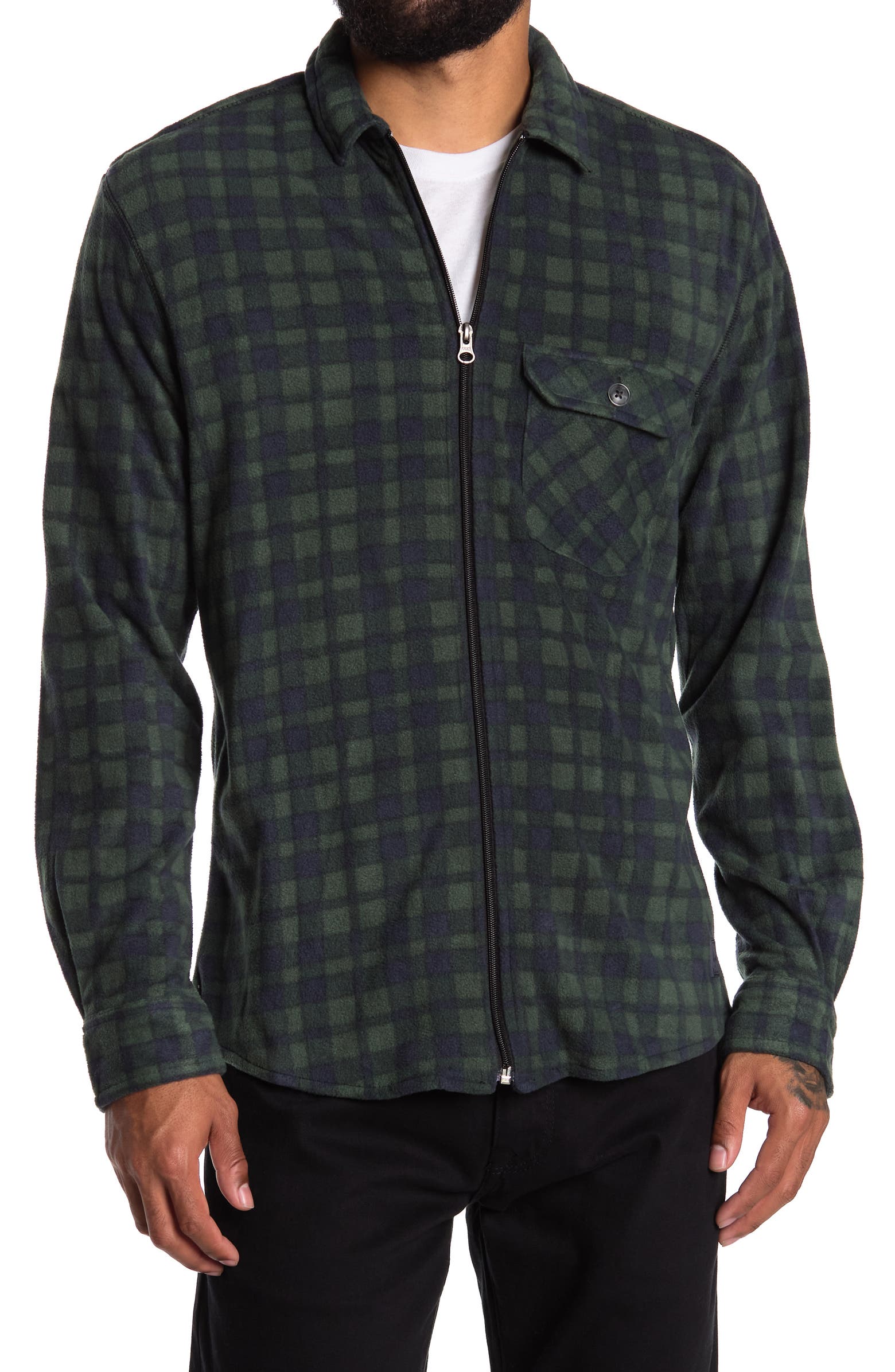 Nordstrom Rack,Vintage 1946, Vintage 1946 Green Plaid Lightweight Microfleece Knit Full Zip Shirt Jacket, Green, Medium-45-TagM