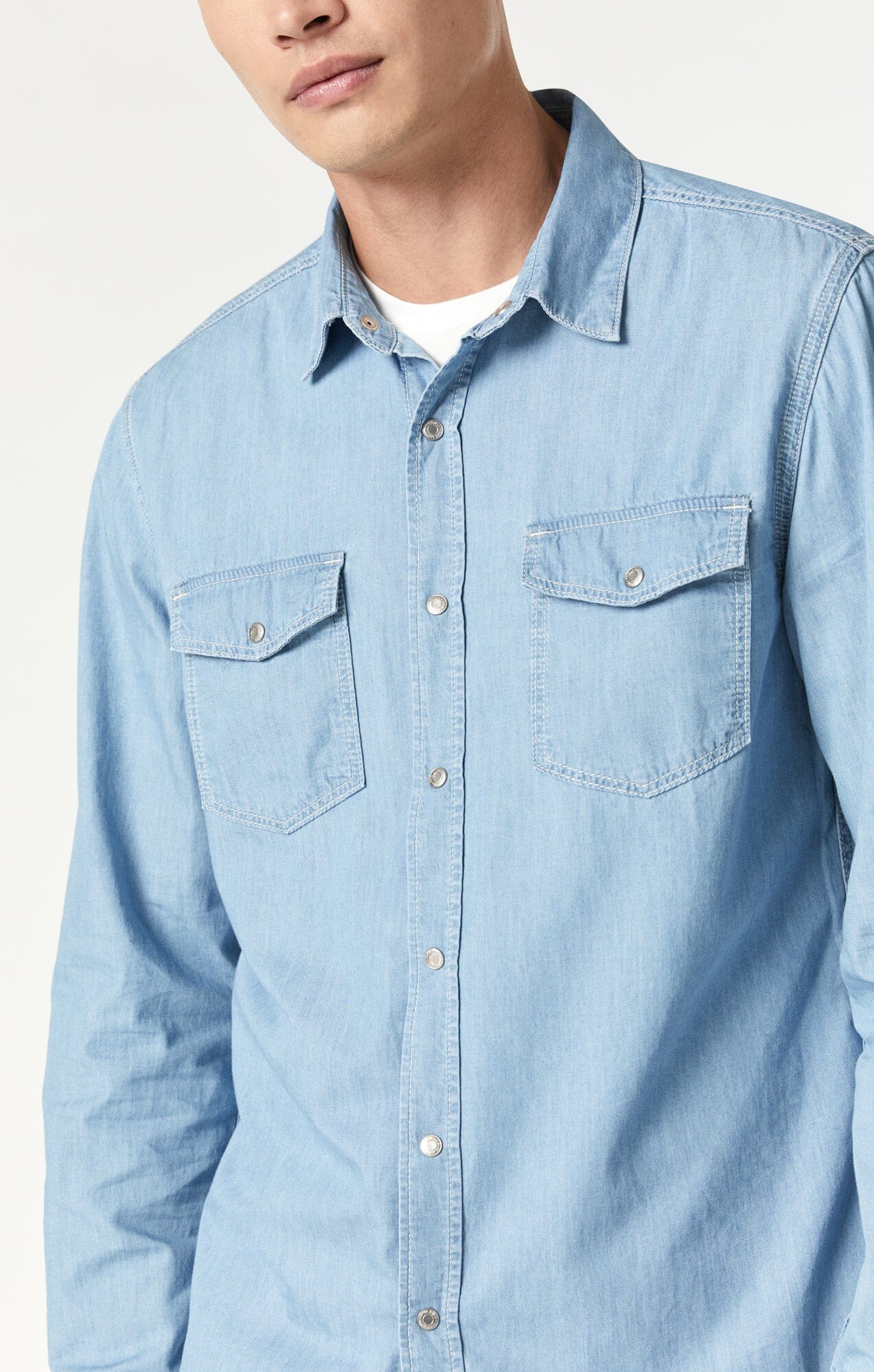 Otrium,Mavi, Mavi Light Blue Heavy Denim Snap Button Up Shirt, Blue, Large-46-TagL