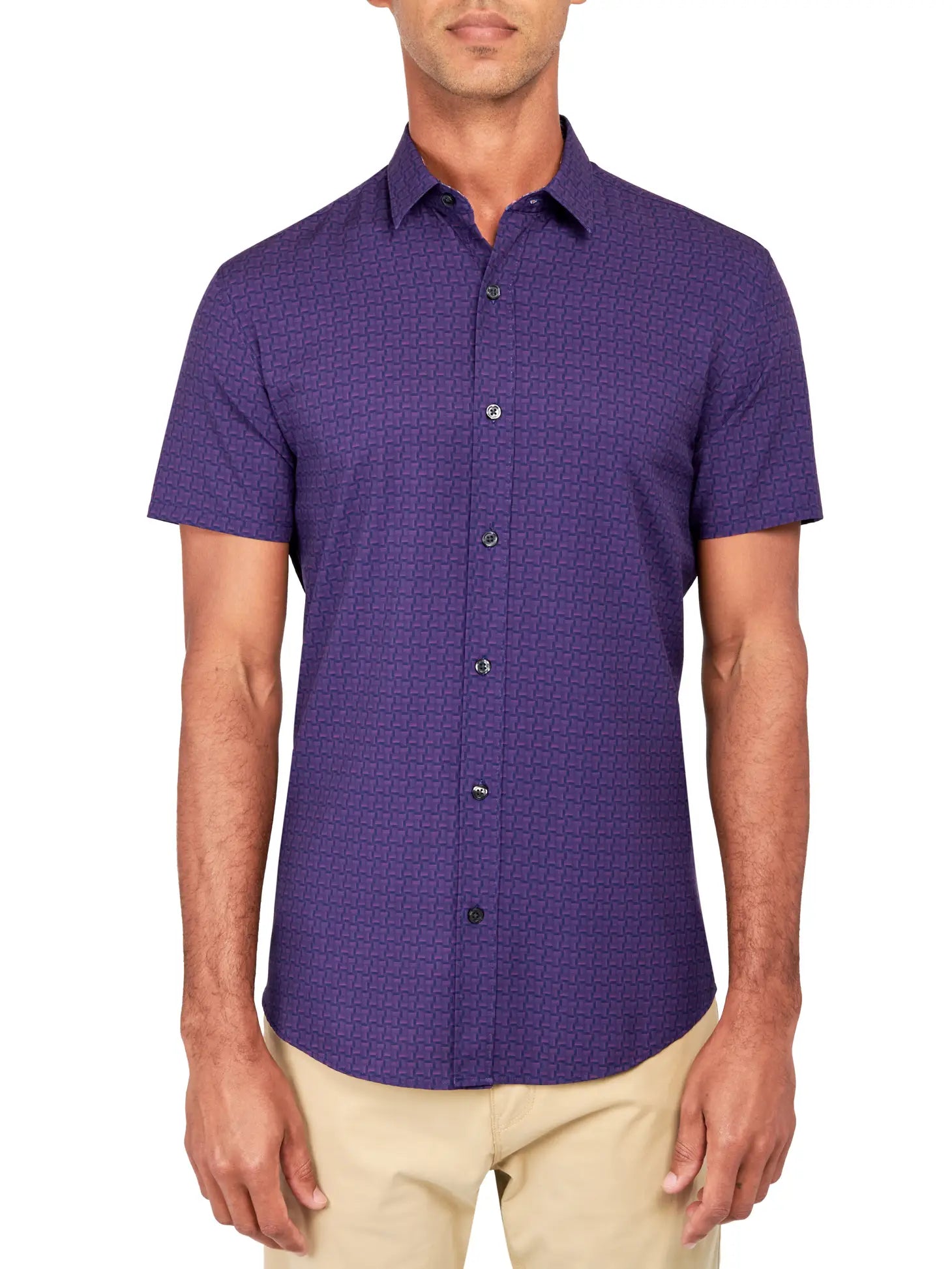 W.R.K., W.R.K Purple Square Geo Print 4-Way Stretch Short Sleeve Shirt, Purple, Extra Large-46-TagXLLarge-44-TagLMedium-42-TagM