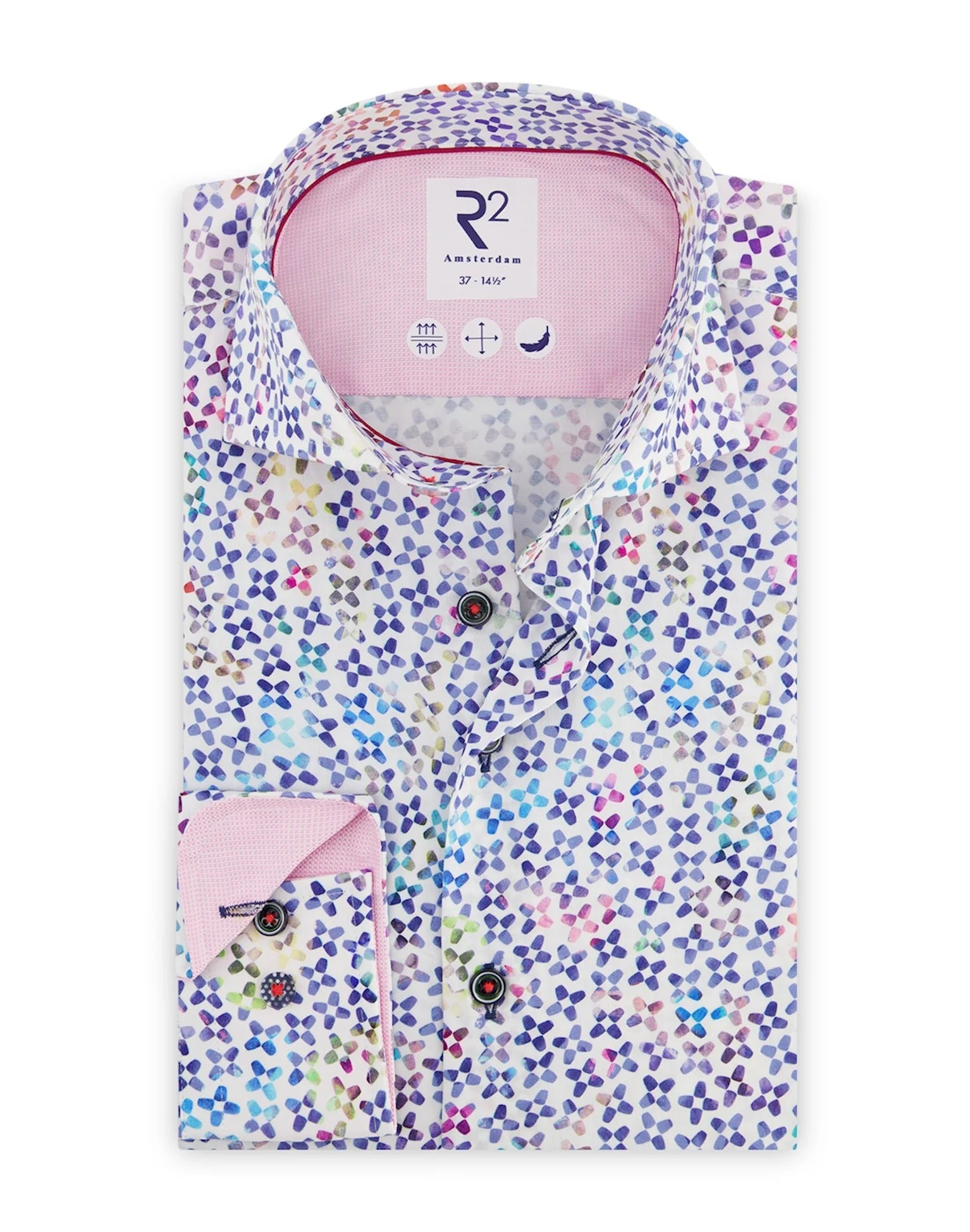 Brand Partner,R2 Amsterdam, R2 Amsterdam White/Multicolor Cup Print Cotton Shirt with Pink Contrast, White, Large-46-Tag42Medium-44-Tag41