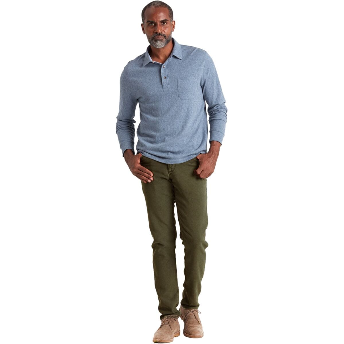 Otrium,Faherty, Faherty Heather Blue Long Sleeve Polo, Blue, Medium-40-TagM