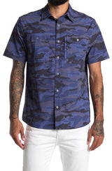 Flag and Anthem Navy Blue Camo Print Short Sleeve Button Up Shirt