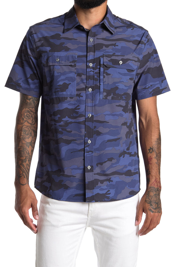 Flag and Anthem Navy Blue Camo Print Short Sleeve Button Up Shirt