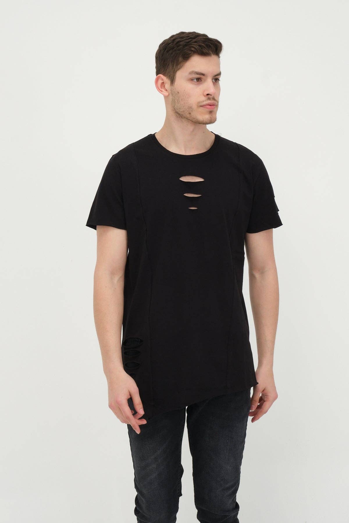 Faire,Ron Tomson, Ron Tomson Black Tee with Chest Slit, Black, Medium-42-TagM