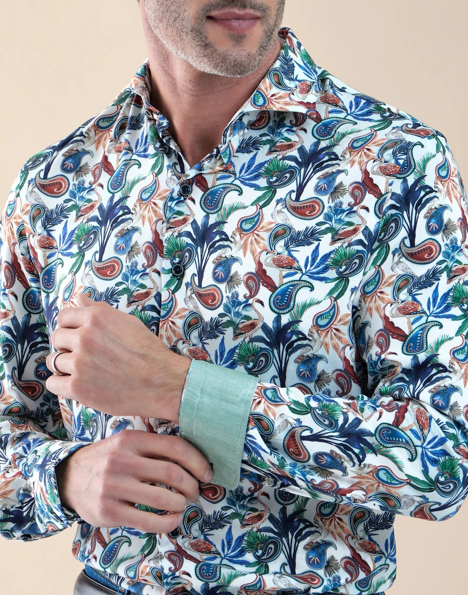 Brand Partner,R2 Amsterdam, R2 Amsterdam Multi Paisley Print Viscose Shirt, White, Large-46-Tag42
