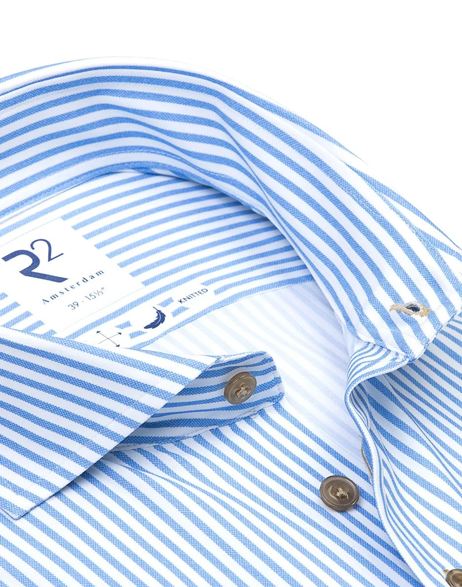 Brand Partner,R2 Amsterdam, R2 Amsterdam Blue Striped Knitted 4-way stretch Shirt, Blue, Medium-43-Tag42Extra Large-47-Tag45