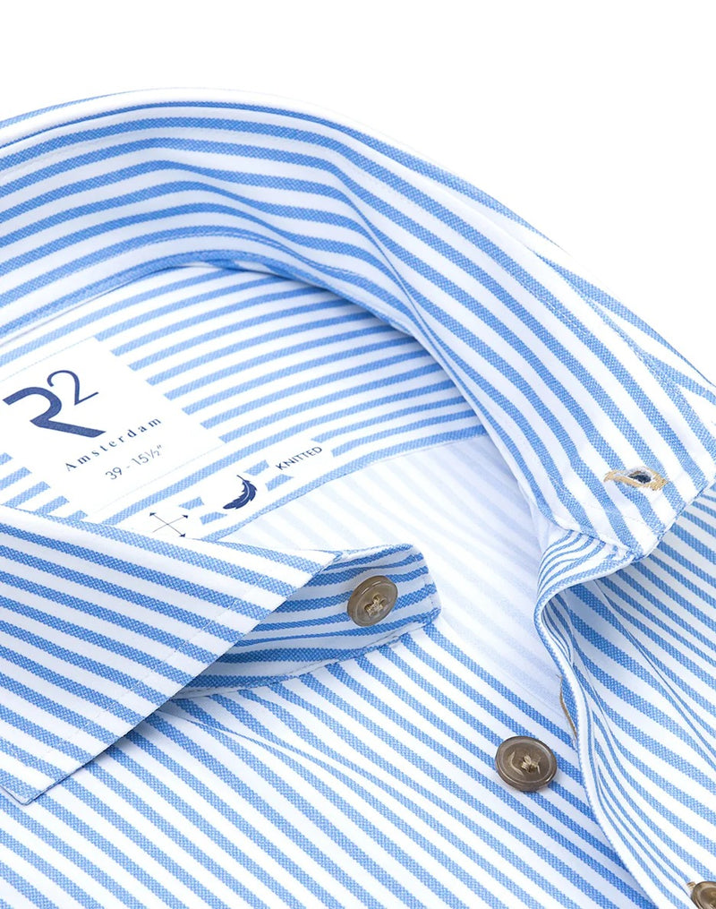 R2 Amsterdam Blue Striped Knitted 4-way stretch Shirt