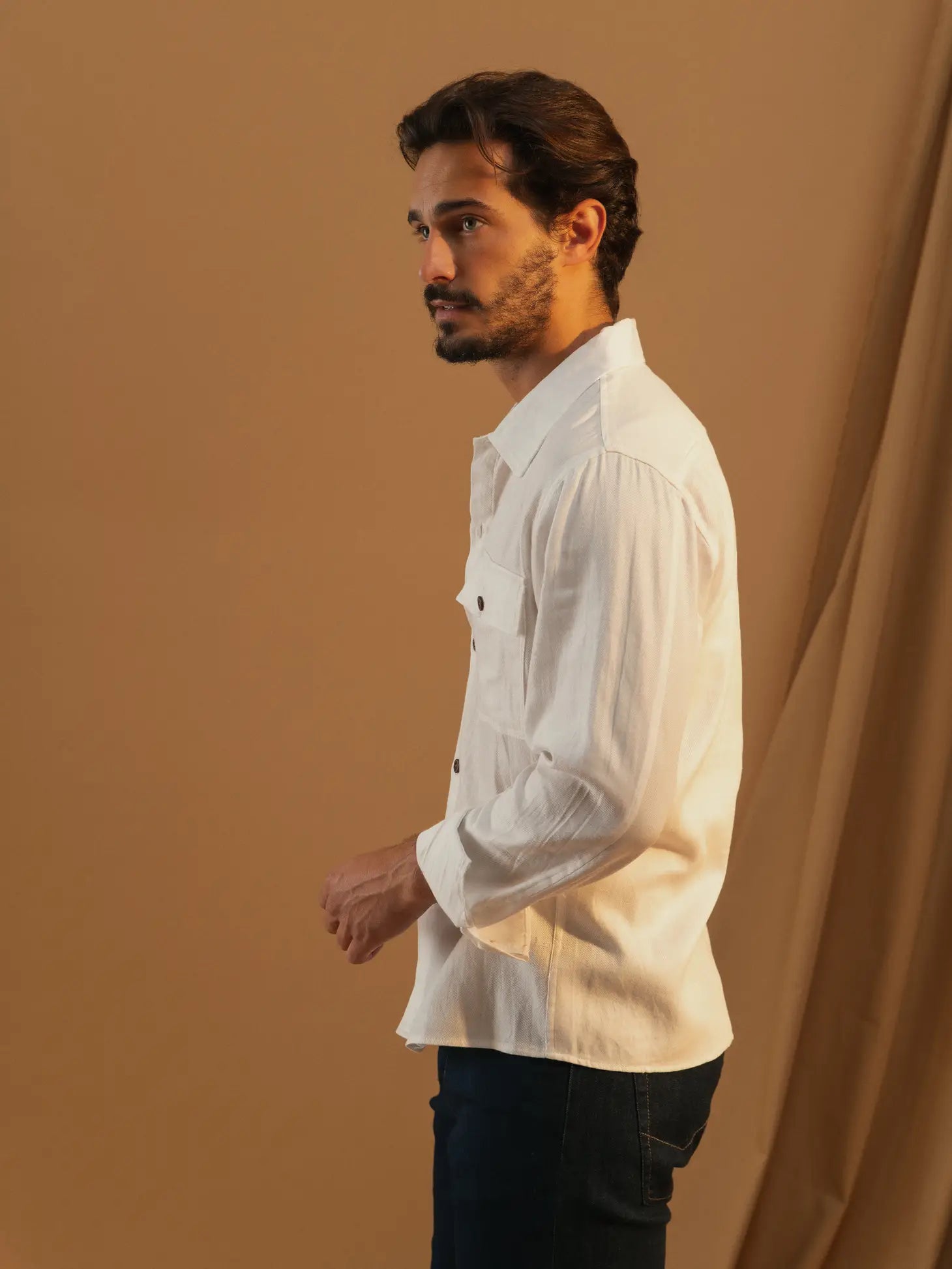 Faire,SMF, SMF White Linen Blend Long Sleeve Overshirt, Tan, Small-41-TagS