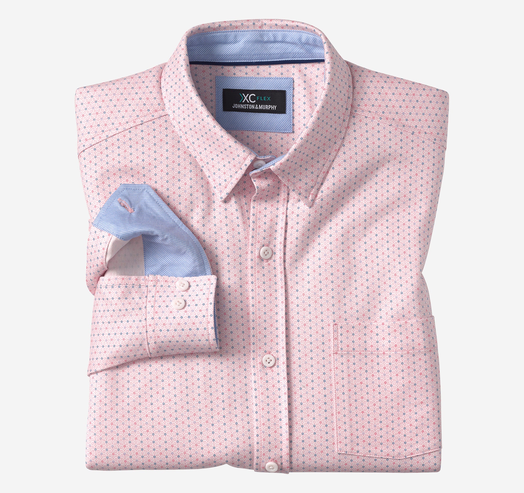 Wholesale,Johnston & Murphy, Johnston & Murphy Pink Dotted Print Flex Stretch Shirt, Pink, Small-42-TagSMedium-44-TagMLarge-48-TagLExtra Extra Large-54-TagXXLExtra Large-52-TagXL