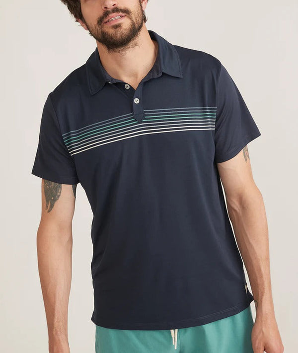 Marine Layer Navy Sport Recycled Stripe Short Sleeve Polo