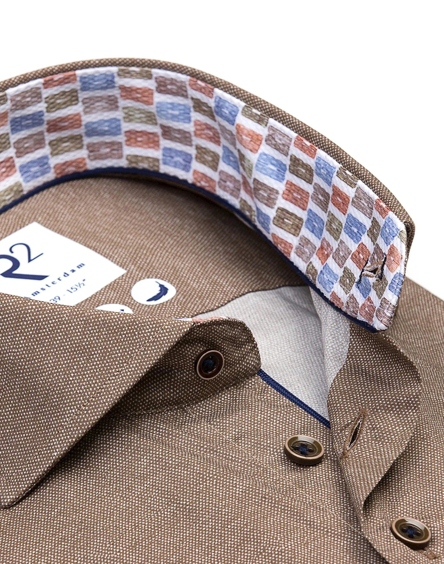 Brand Partner,R2 Amsterdam, R2 Amsterdam Brown Stretch  Button Up Shirt with Contrast Collar and Cuff, Brown, Large-47-Tag43Medium-43-Tag41