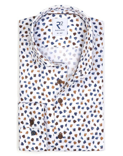 R2 Amsterdam White Dobby Cotton Shirt with Blue Beige Print